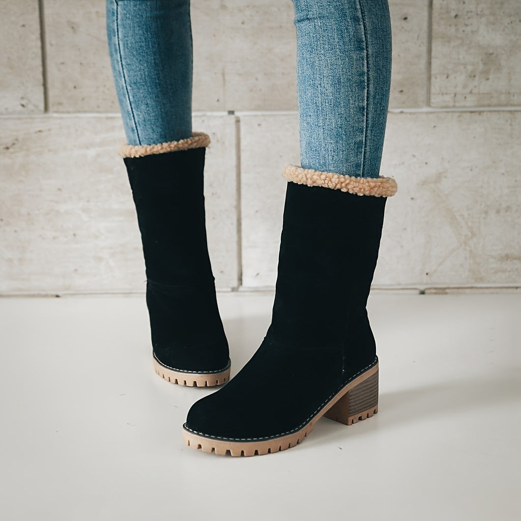 Womens Cuffed Ankle Boots with a Plush Cuff, Block Heel and Slip On Style in Black Size 9