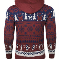 Christmas Hooded Sweater with Reindeer, Snowflake and Star Patterns and Drawstring Hood
