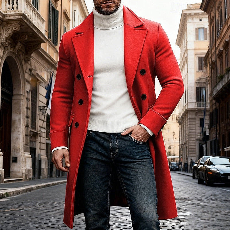 Double Breasted Overcoat with Hip Length Coverage and Tailored Shoulders