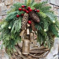 Rustic Vine Wreath with Golden Bells and Pinecones, 17 Inches
