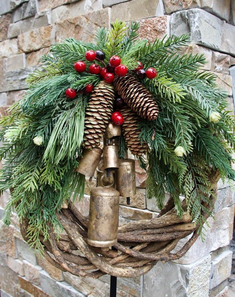 Rustic Vine Wreath with Golden Bells and Pinecones, 17 Inches