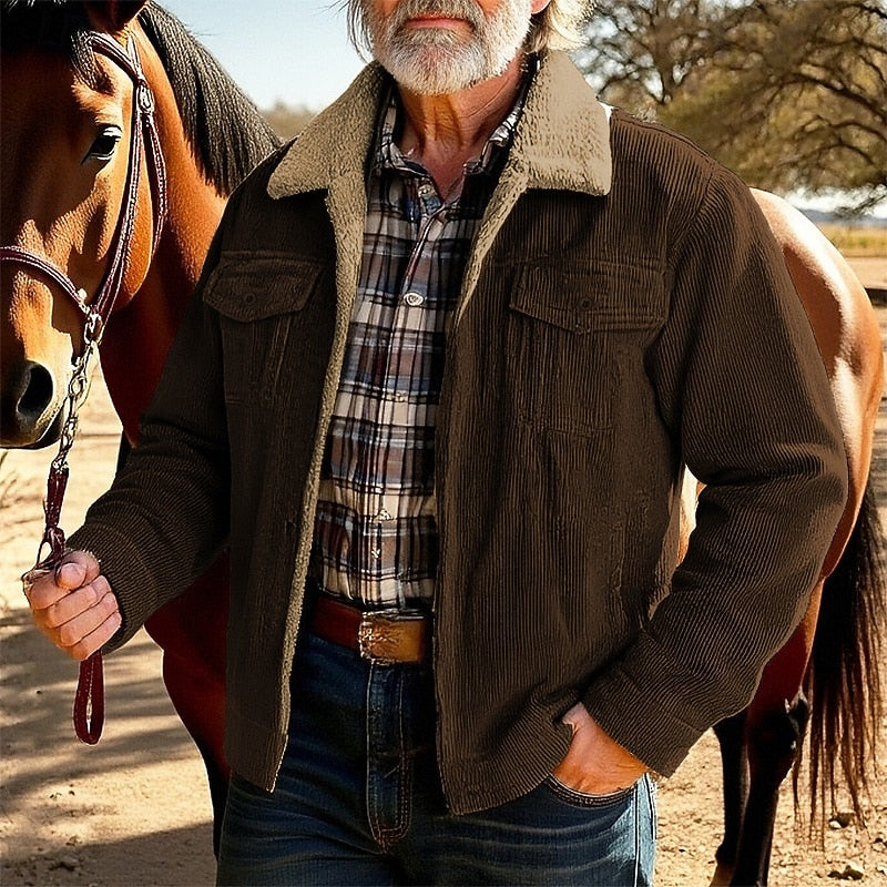 Mens Ranch Style Jacket with Fleece Lined Collar, Ribbed Texture and Chest and Side Pockets in Khaki, Gray or Coffee