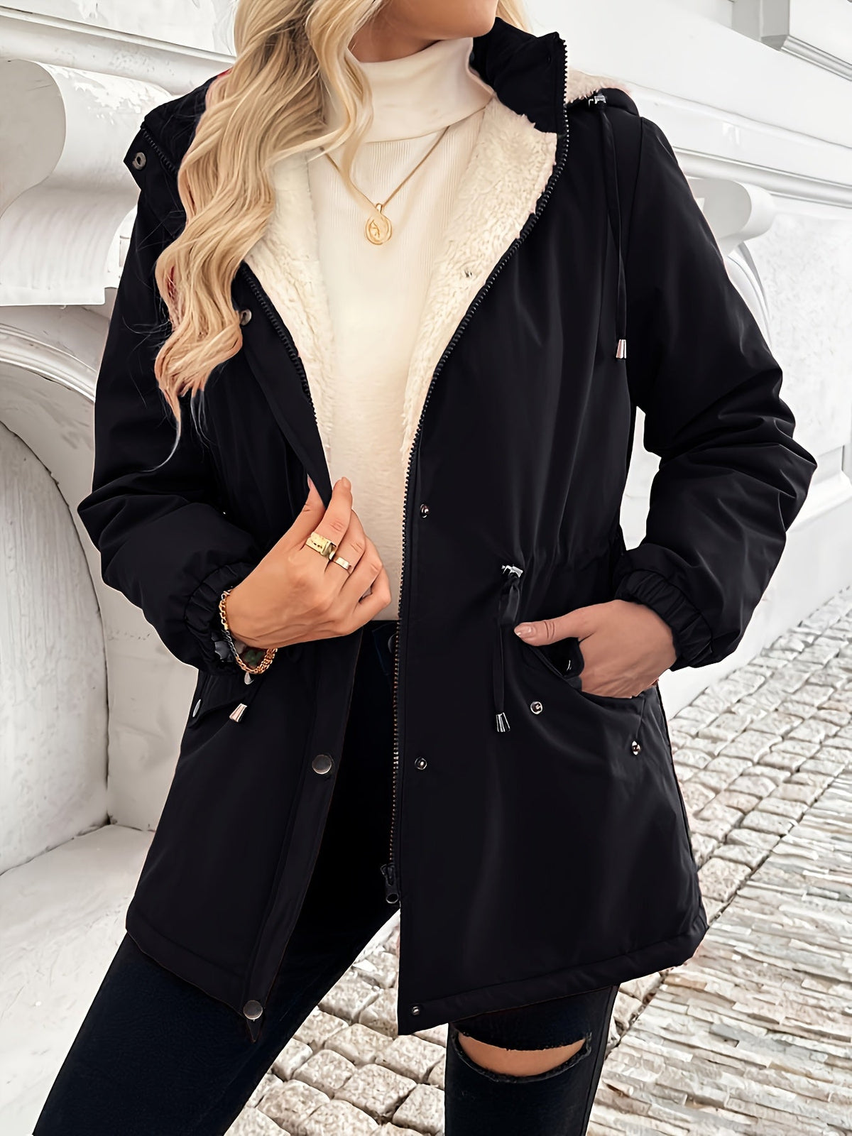 Hooded Zip Jacket with Plush Lining, Snap Closure and Roomy Pockets in Black