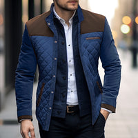 Mens Color Block Quilted Jacket with a Stand Collar, Button Front and Contrasting Shoulder Detail in Brown or Khaki
