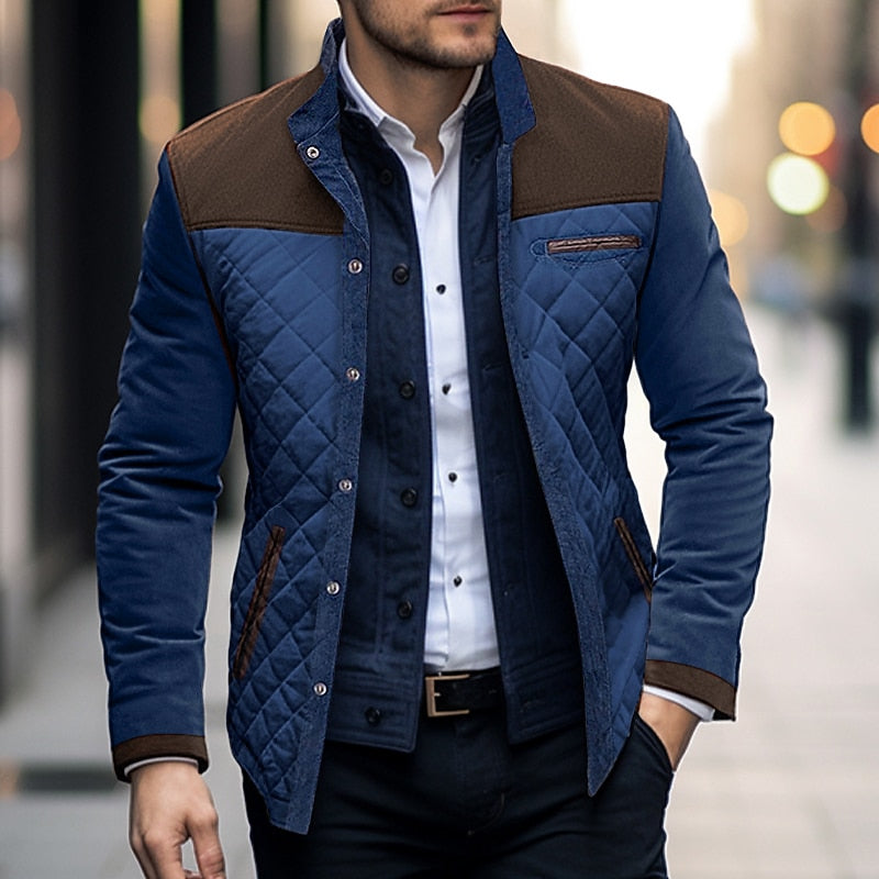 Mens Color Block Quilted Jacket with a Stand Collar, Button Front and Contrasting Shoulder Detail in Brown or Khaki