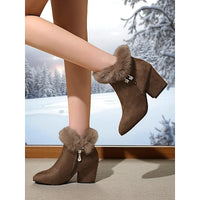 Block Heel Ankle Boots with Plush Trim, Pointed Toe and Side Zip in Brown or Black