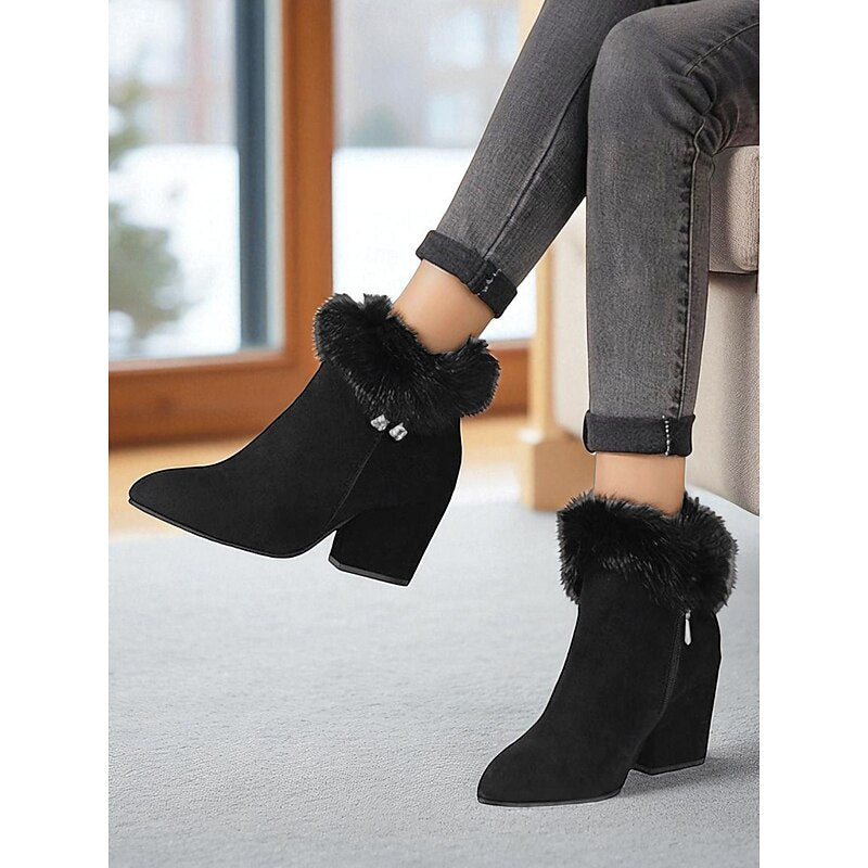 Block Heel Ankle Boots with Plush Trim, Pointed Toe and Side Zip in Brown or Black