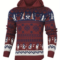 Christmas Hooded Sweater with Reindeer, Snowflake and Star Patterns and Drawstring Hood