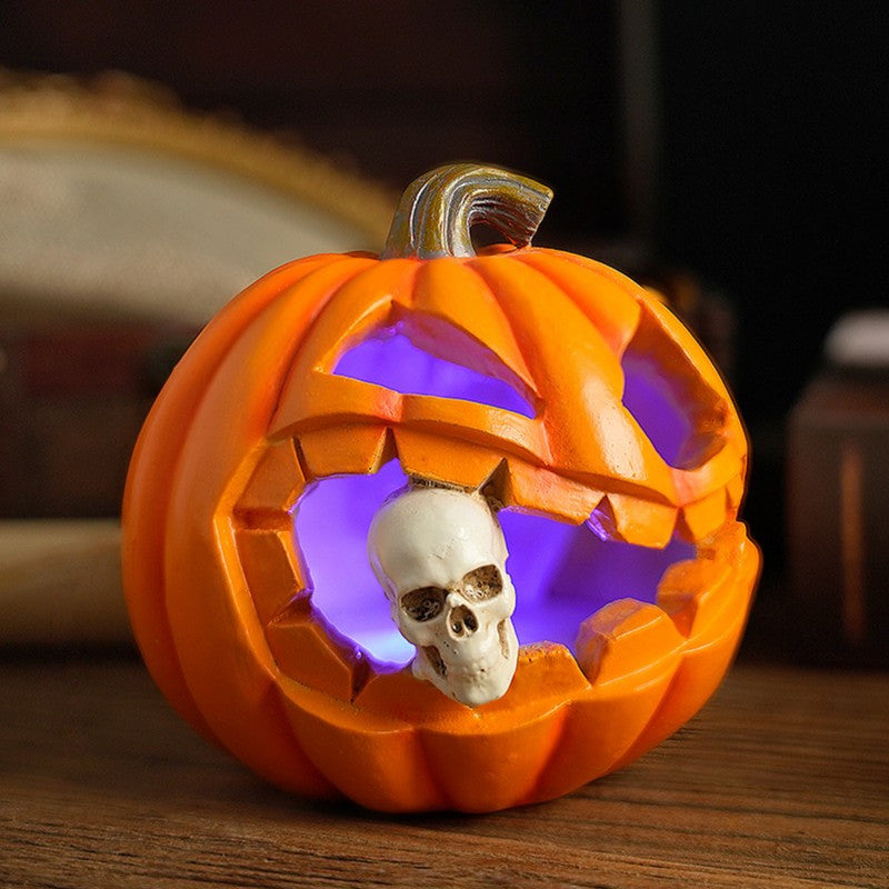 Jack O'Lantern Resin Ornament with Skull Detail and Carved Pumpkin Face
