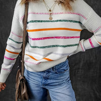 Striped Round Neck Sweater with Relaxed Fit and Soft Textured Feel in Cream Multicolor