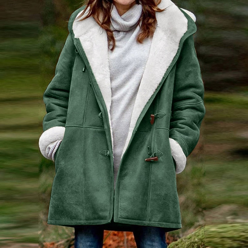 Winter Hooded Coat with Button Front and Adjustable Hood for Cold Weather