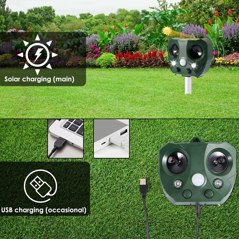 Solar Ultrasonic Bird Repeller with Motion Sensor and LED Flashing, 30ft Range