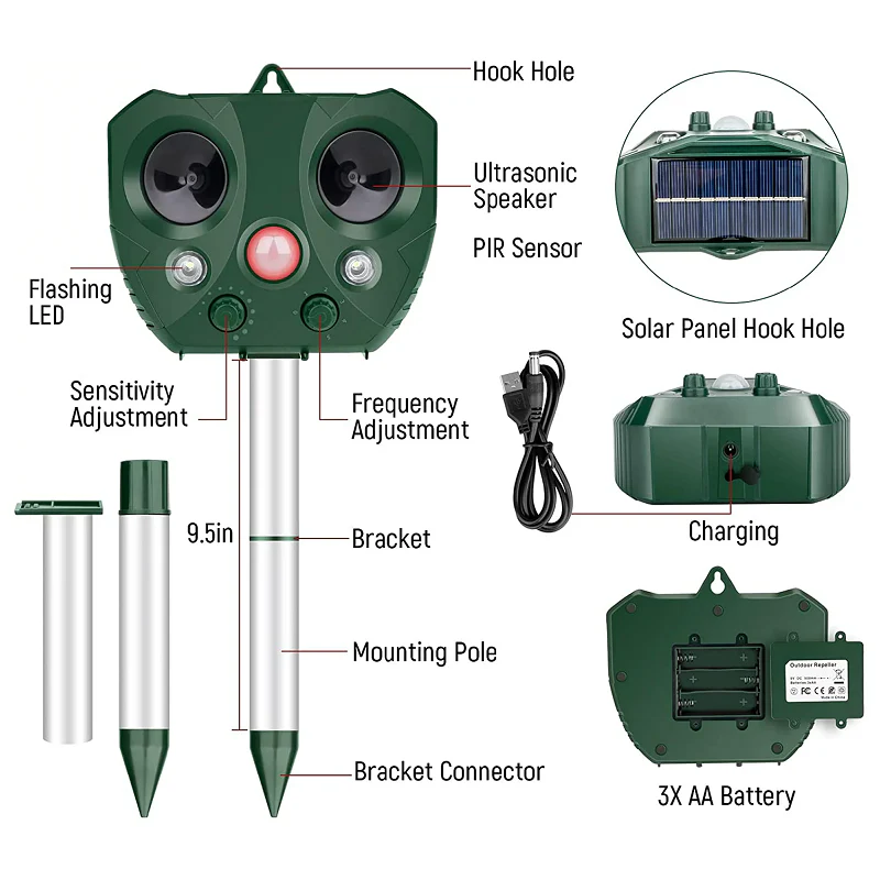 Solar Ultrasonic Bird Repeller with Motion Sensor and LED Flashing, 30ft Range