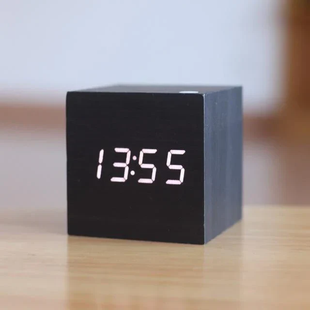 Digital LED Wood Block Clock with Alarm and Battery Power
