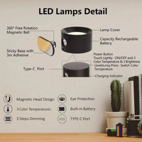 Rechargeable Wall Lamp with Magnetic Ball Rotation and Touch Control, Three Color Temperatures