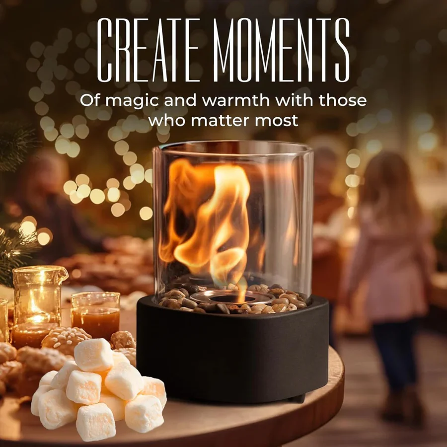 Portable Tabletop Fireplace with Real Ethanol Flames and Included Snuffer
