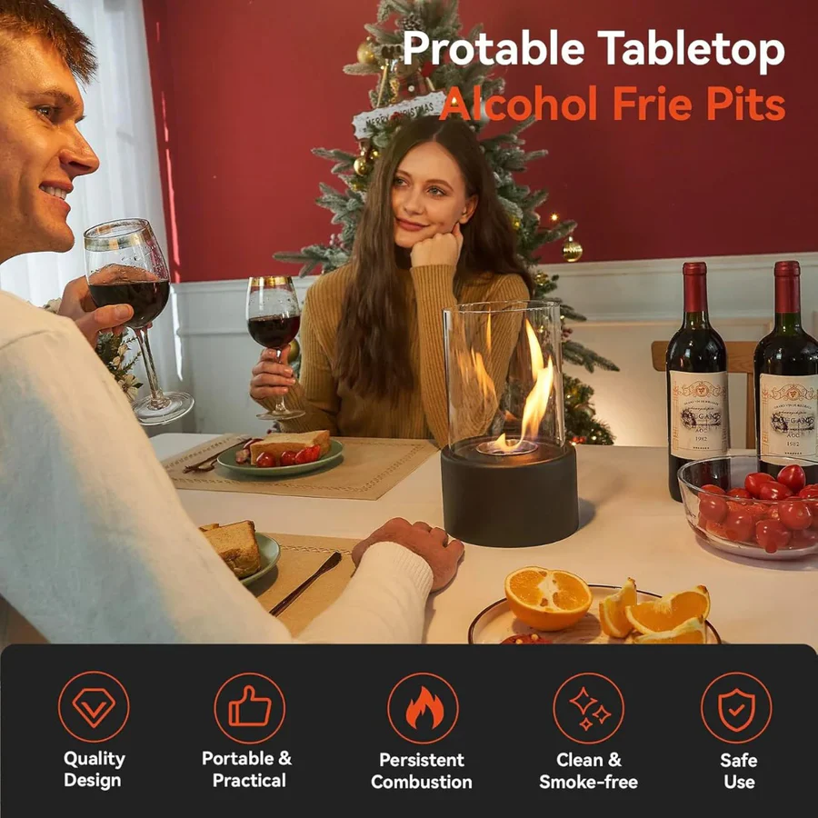 Portable Tabletop Fireplace with Real Ethanol Flames and Included Snuffer