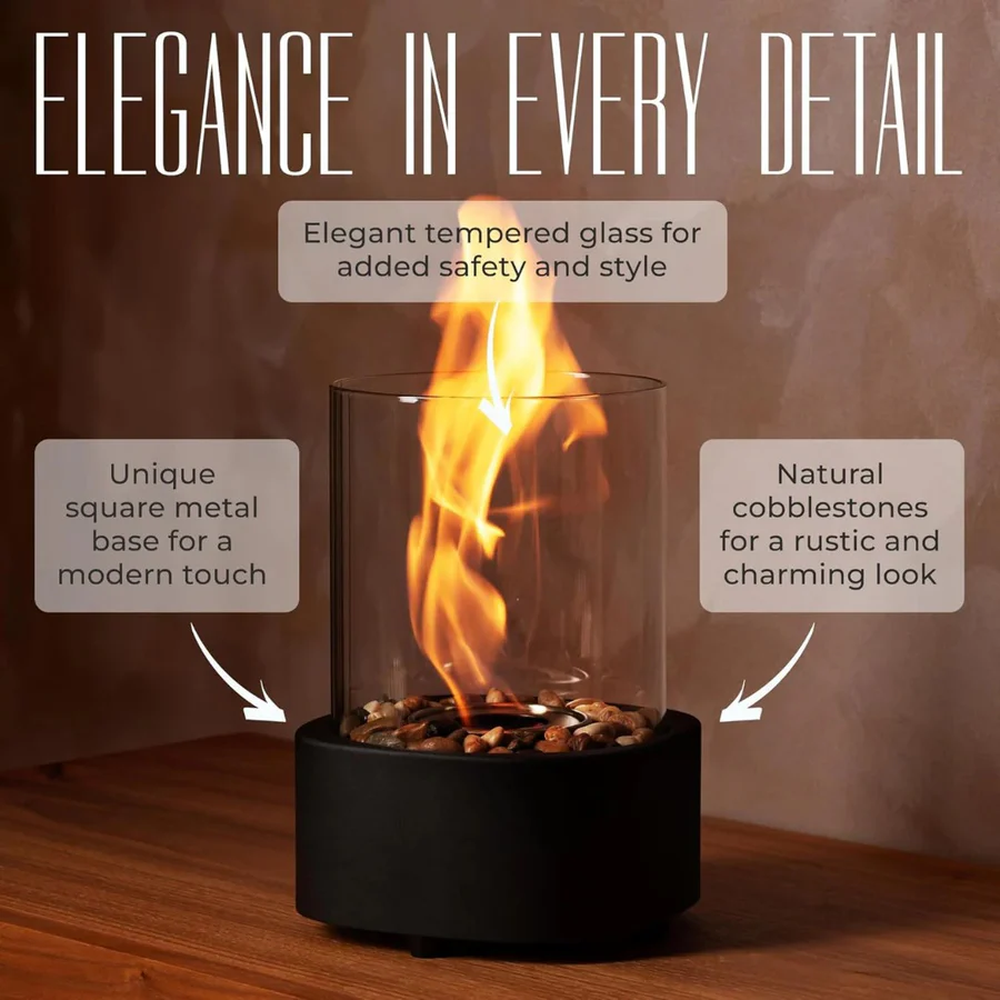 Portable Tabletop Fireplace with Real Ethanol Flames and Included Snuffer