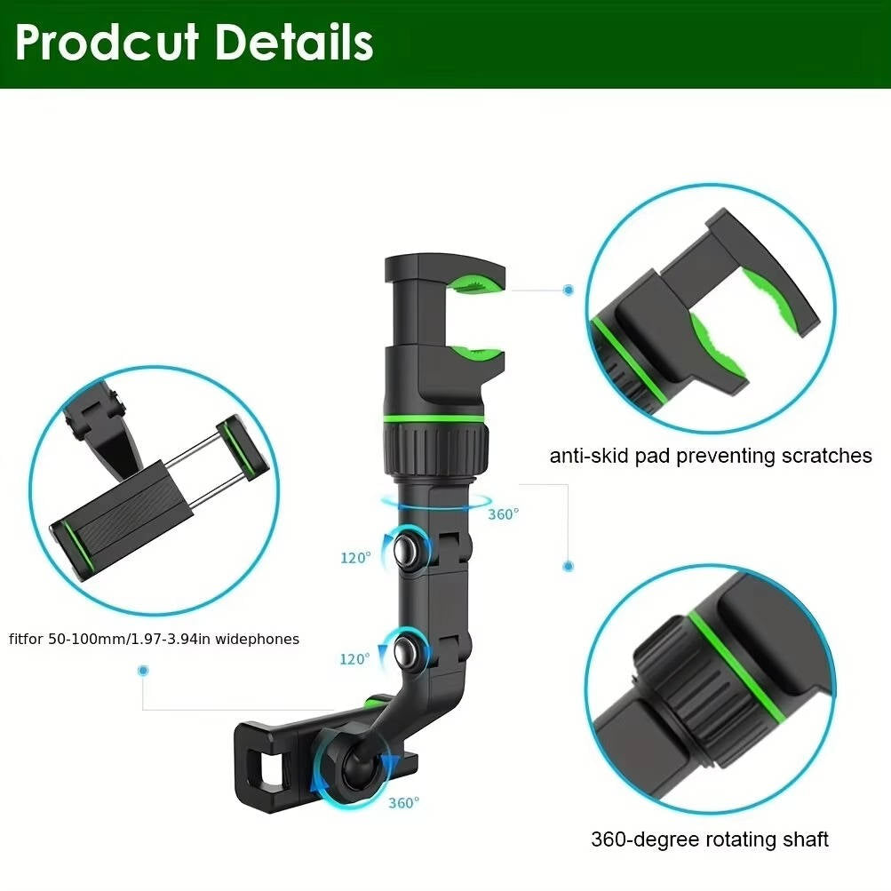 Rearview Mirror Phone Mount with a 360 Degree Ball Joint, Spring Clip and Foldable Arm in Green or Gray