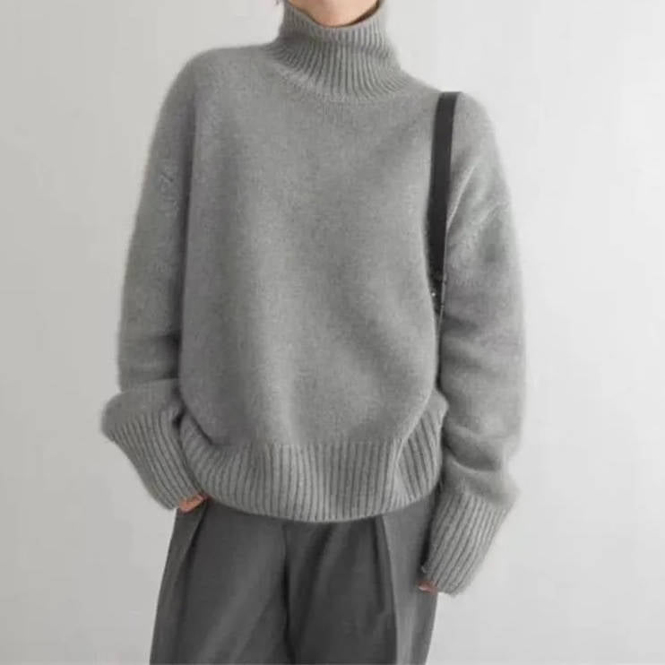 Turtleneck Sweater with Stretch Knit and Full Length Sleeves, Loose Fit