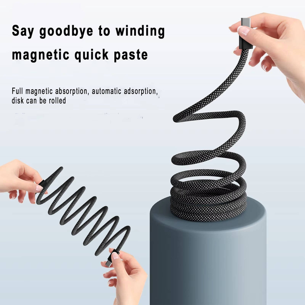 Magnetic Self Coiling Braided Charging Cable with Interchangeable Magnetic Tips in Four Connector Types