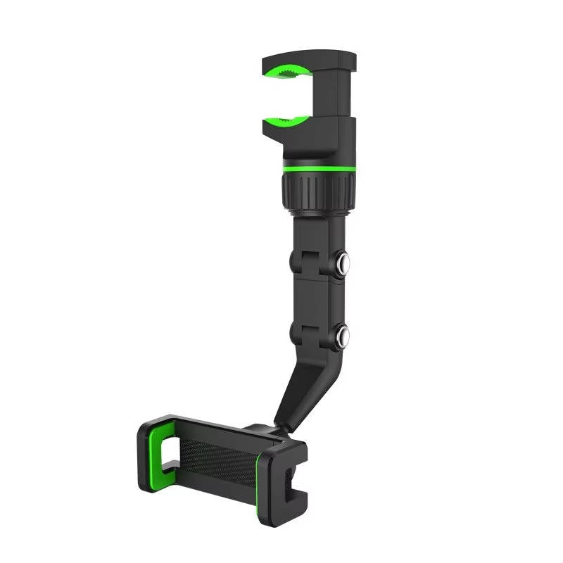 Rearview Mirror Phone Mount with a 360 Degree Ball Joint, Spring Clip and Foldable Arm in Green or Gray
