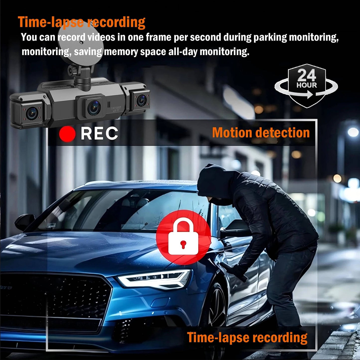 4-Channel Dash Cam with Night Vision and Parking Monitor, WiFi App Control