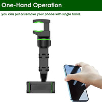 Rearview Mirror Phone Mount with a 360 Degree Ball Joint, Spring Clip and Foldable Arm in Green or Gray
