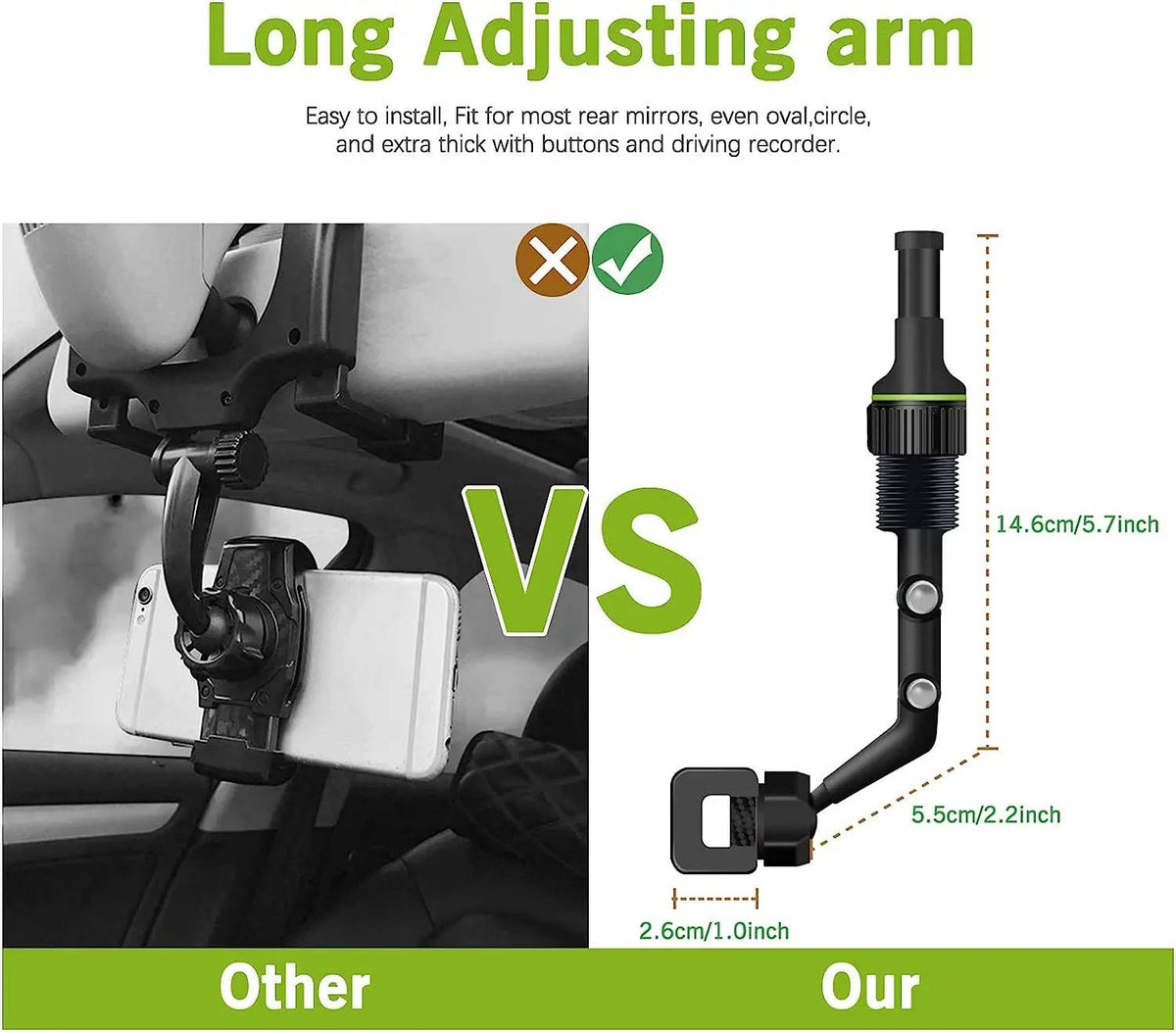 Rearview Mirror Phone Mount with a 360 Degree Ball Joint, Spring Clip and Foldable Arm in Green or Gray