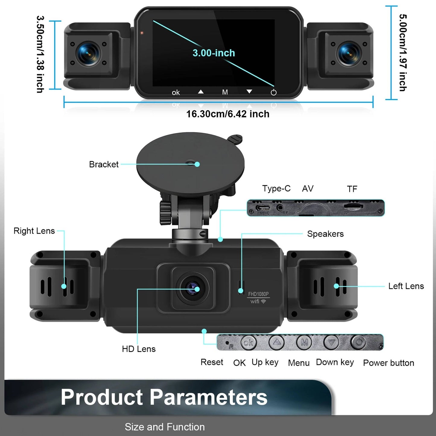 4-Channel Dash Cam with Night Vision and Parking Monitor, WiFi App Control