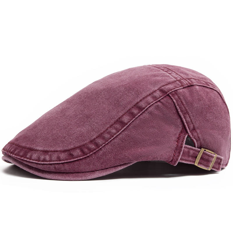 Distressed Denim Flat Cap with Eight Panel Construction and Adjustable Band