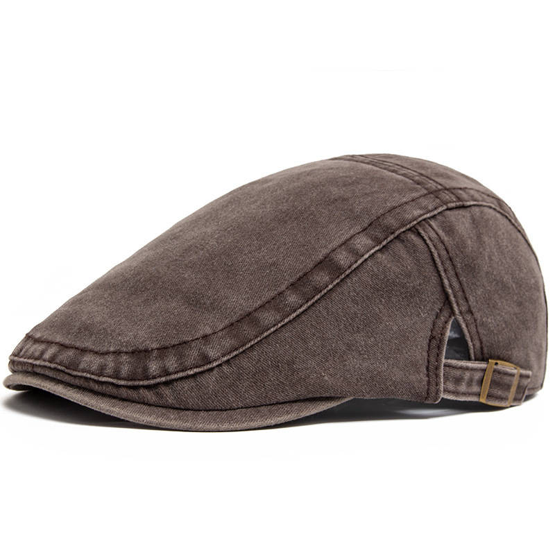 Distressed Denim Flat Cap with Eight Panel Construction and Adjustable Band