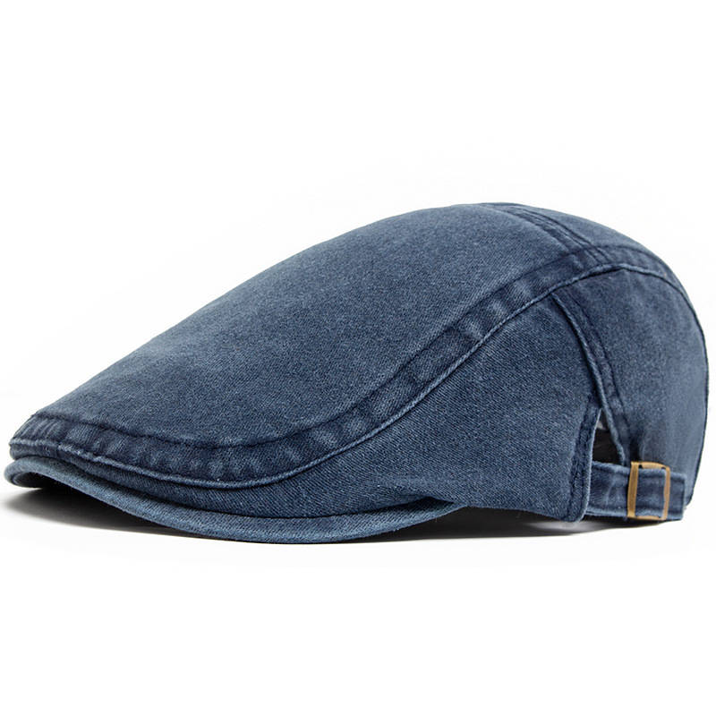 Distressed Denim Flat Cap with Eight Panel Construction and Adjustable Band