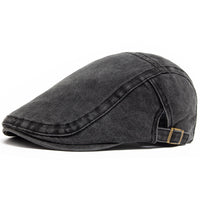 Distressed Denim Flat Cap with Eight Panel Construction and Adjustable Band