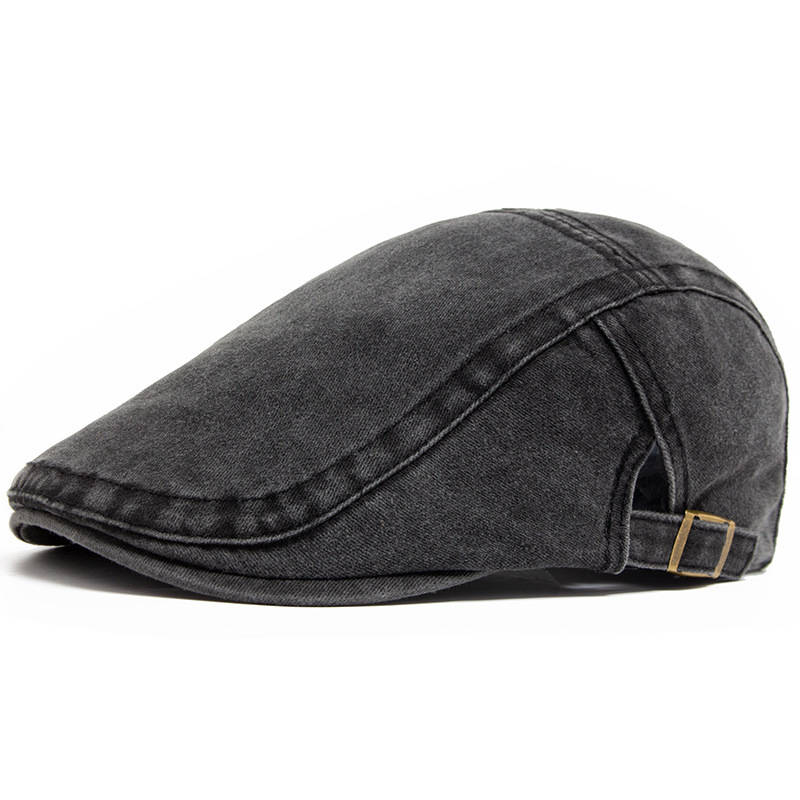 Distressed Denim Flat Cap with Eight Panel Construction and Adjustable Band