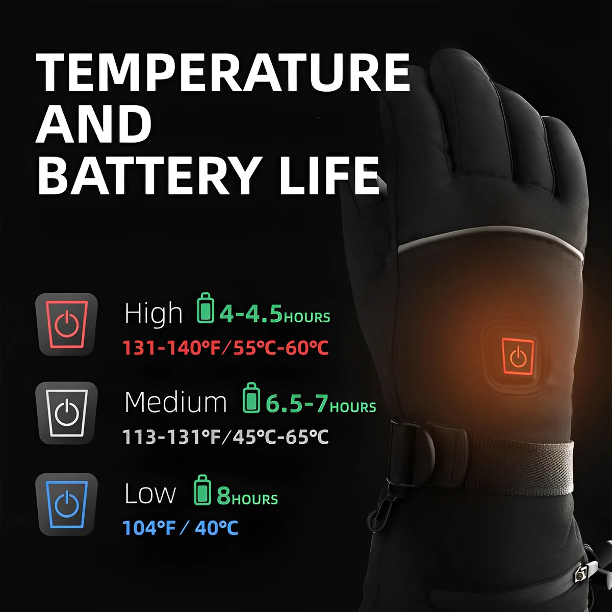 Rechargeable Heated Gloves with Touchscreen Fingertips and Waterproof Shell, 8-Hour Battery
