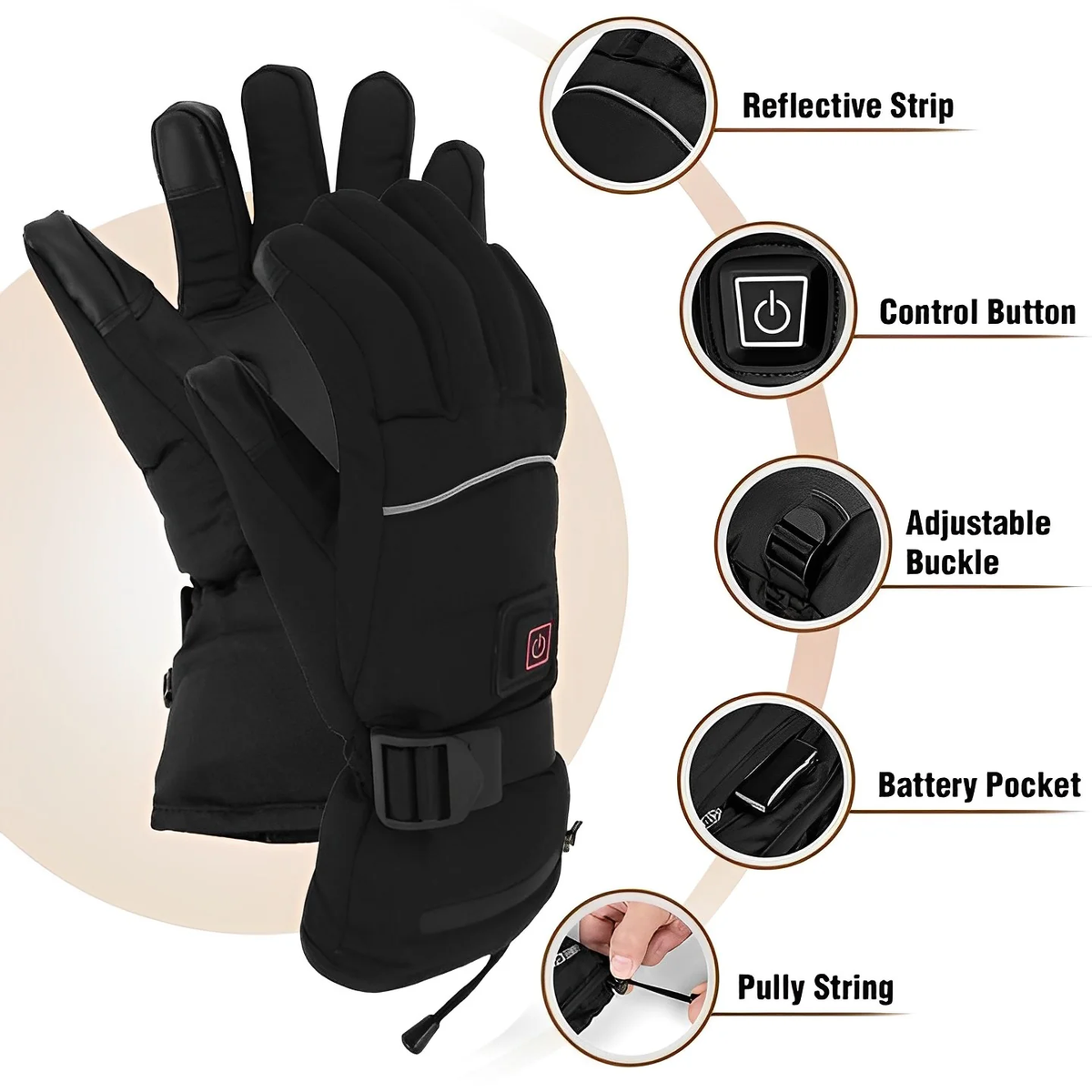 Rechargeable Heated Gloves with Touchscreen Fingertips and Waterproof Shell, 8-Hour Battery