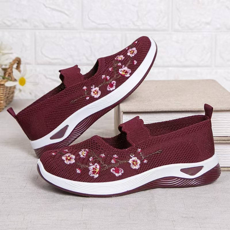 Breathable Mary Jane Shoe with Mesh Upper and Elastic Instep Strap, Floral Embroidery