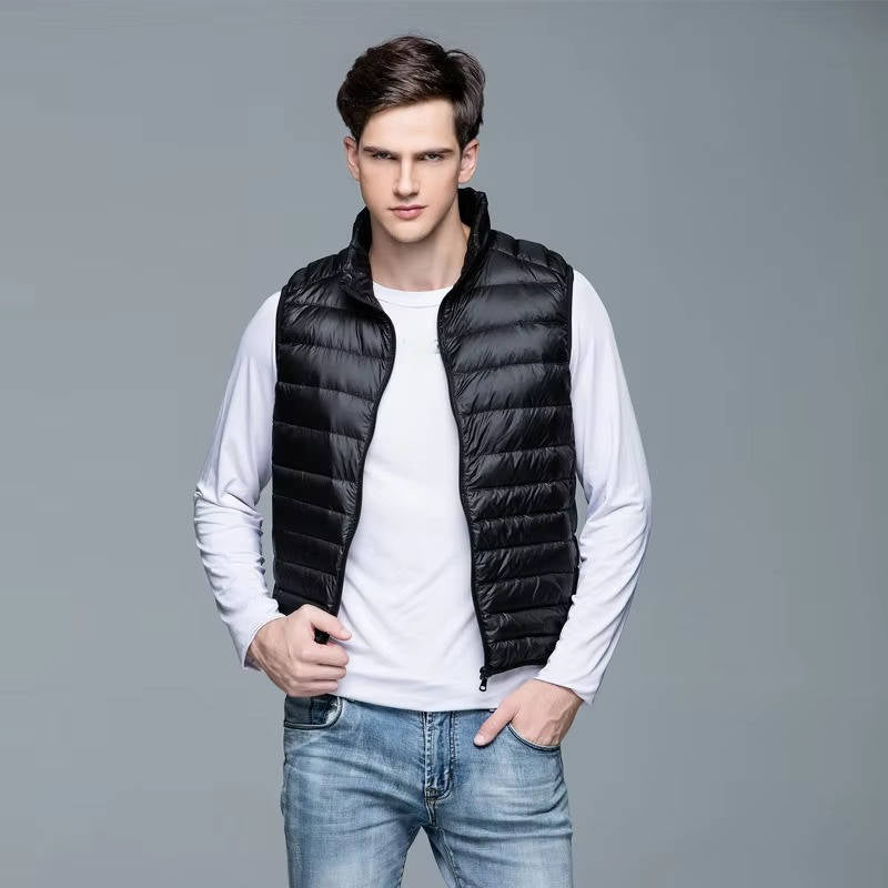 Packable Down Vest with Stand Up Collar and Water Resistant Shell