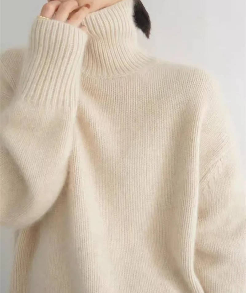 Turtleneck Sweater with Stretch Knit and Full Length Sleeves, Loose Fit