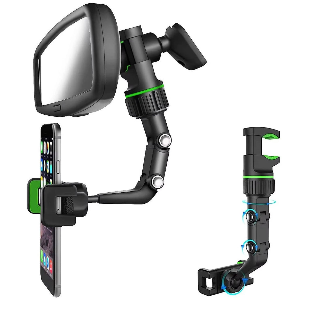 Rearview Mirror Phone Mount with a 360 Degree Ball Joint, Spring Clip and Foldable Arm in Green or Gray