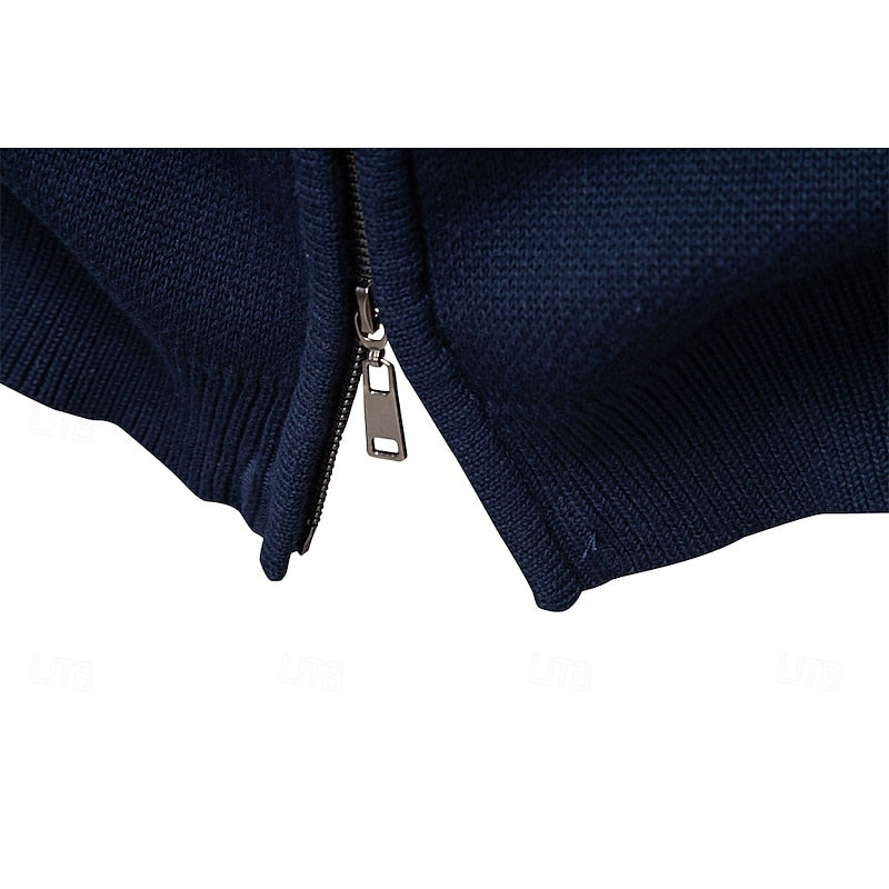 Mens Fair Isle Zip Up Cardigan with Stand Up Collar and Regular Fit in Navy Blue, Khaki and Military Green