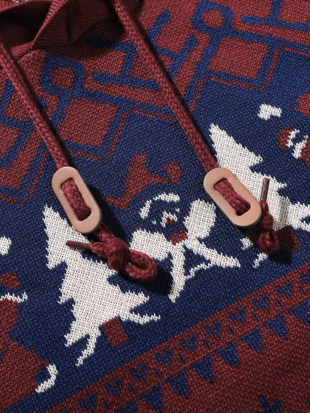 Christmas Hooded Sweater with Reindeer, Snowflake and Star Patterns and Drawstring Hood