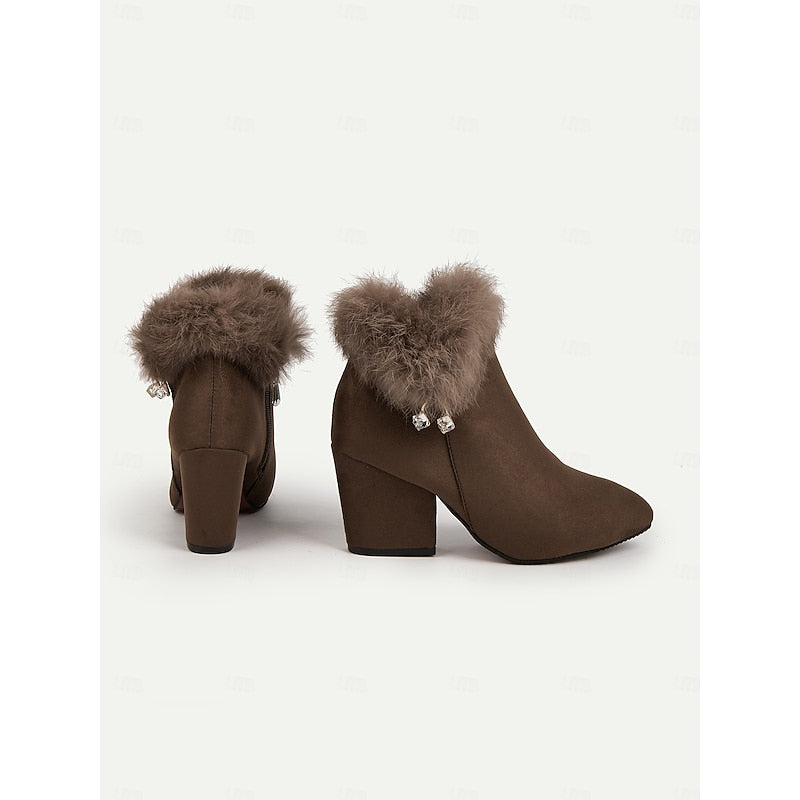 Block Heel Ankle Boots with Plush Trim, Pointed Toe and Side Zip in Brown or Black