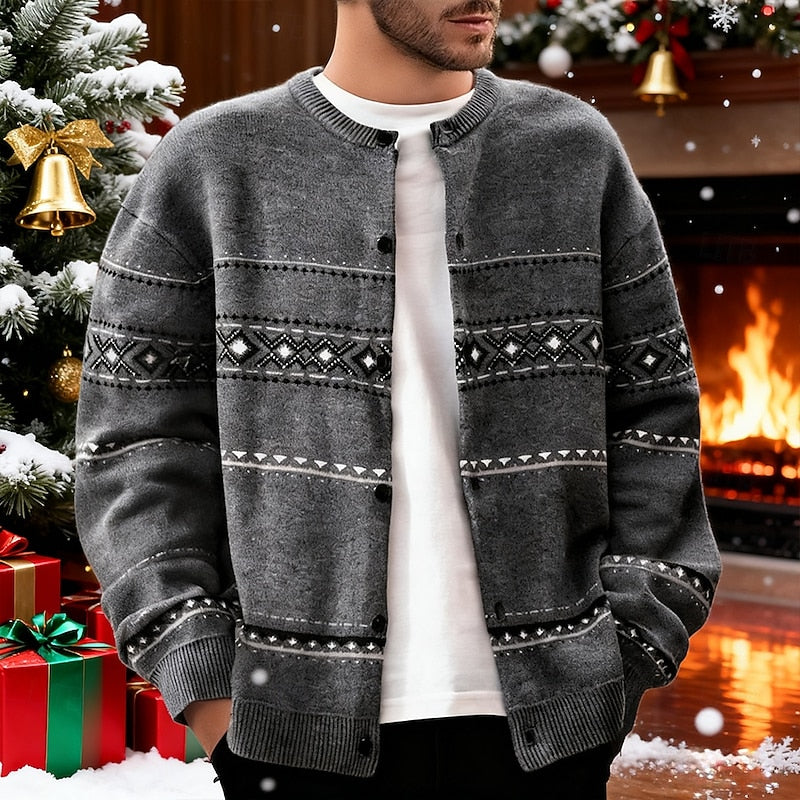 Mens Button Down Patterned Cardigan with Full Front Closure and Regular Fit in Dark Gray or Beige