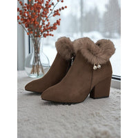 Block Heel Ankle Boots with Plush Trim, Pointed Toe and Side Zip in Brown or Black