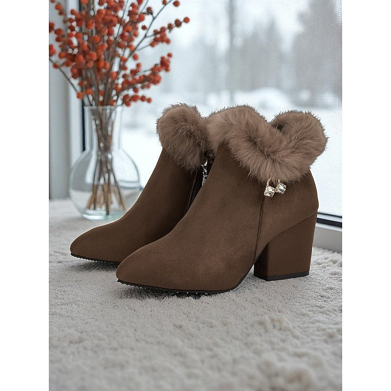 Block Heel Ankle Boots with Plush Trim, Pointed Toe and Side Zip in Brown or Black