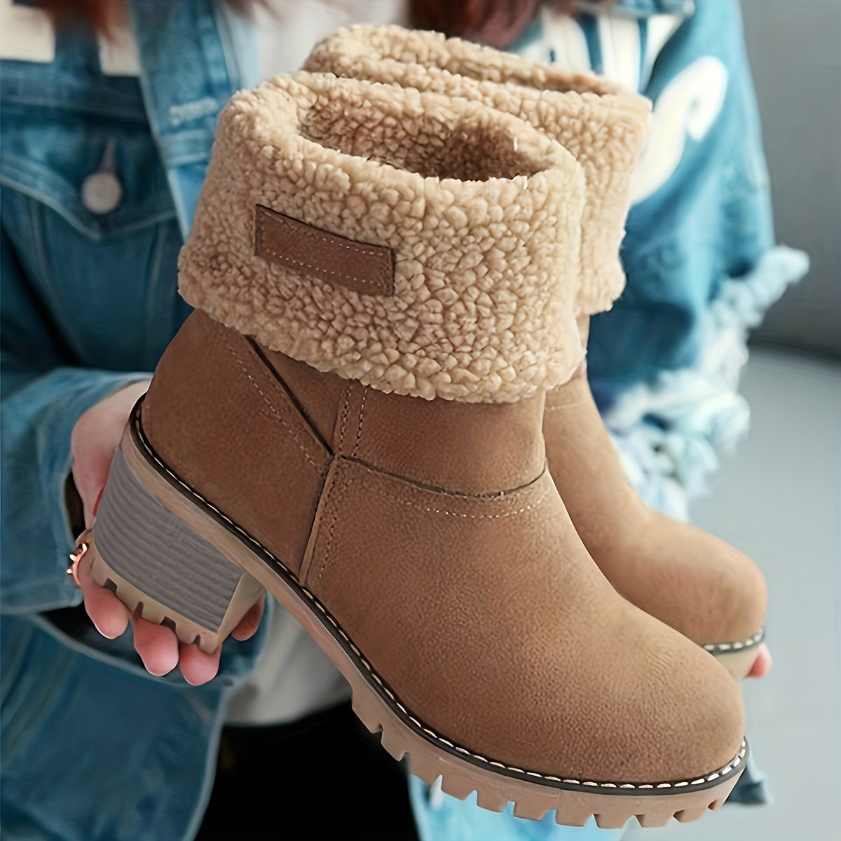 Womens Cuffed Ankle Boots with a Plush Cuff, Block Heel and Slip On Style in Black Size 9