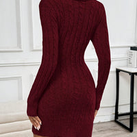 Pullover Cable Knit Dress with Crossover V Neckline and Side Button Details