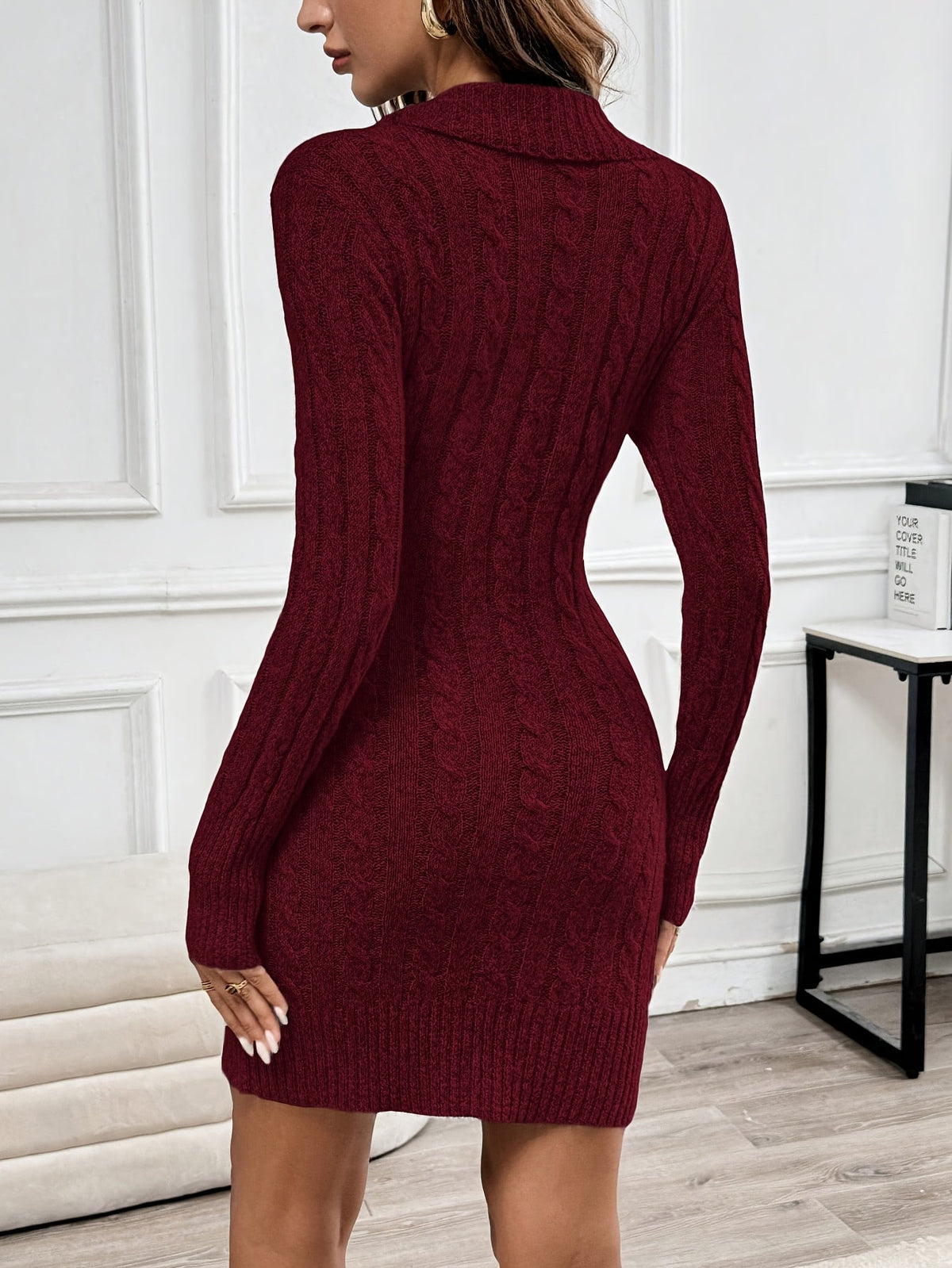 Pullover Cable Knit Dress with Crossover V Neckline and Side Button Details
